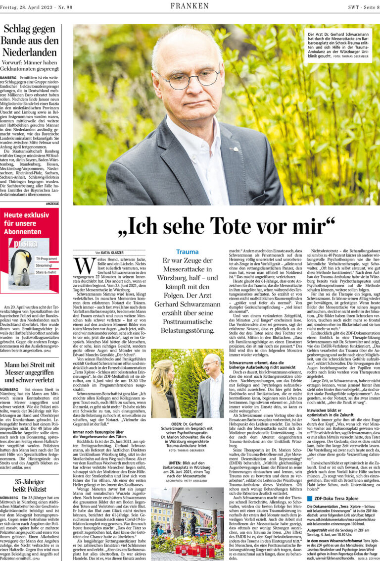 Zeitungsseite der Main-Post vom 28. April 2023 mit einem Bericht über eine Traumabehandlung